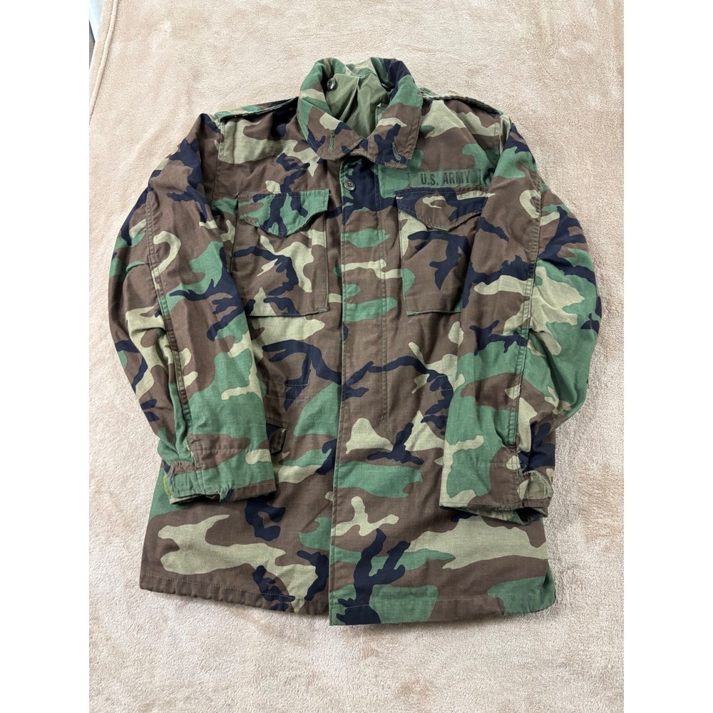 U.S. Army Coat Cold Weather Field Jacket Mens Small Long Green camo Hooded‎ EUC